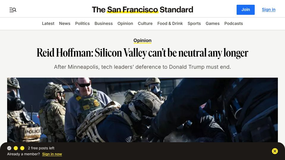 Screenshot of sfstandard.com: Reid Hoffman: Silicon Valley can't be neutral any longer