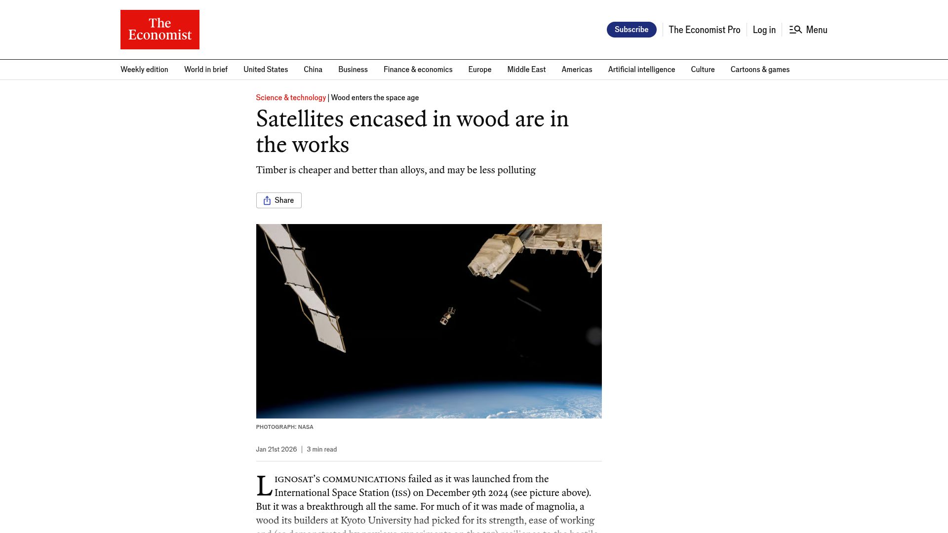 Screenshot of economist.com: Satellites encased in wood are in the works