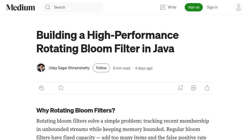 Screenshot of medium.com: Building a High-Performance Rotating Bloom Filter in Java
