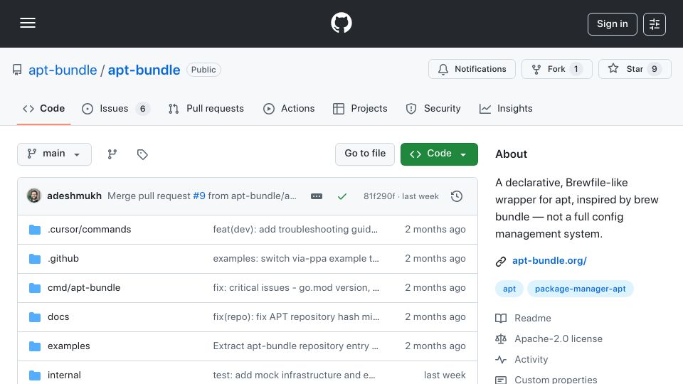 Screenshot of github.com: Apt-bundle: brew bundle for apt