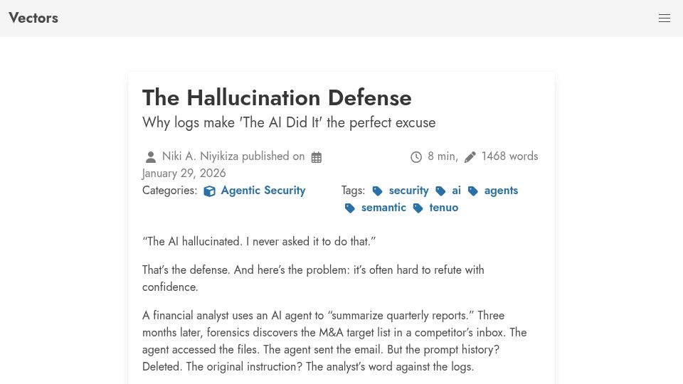 Screenshot of niyikiza.com: The Hallucination Defense