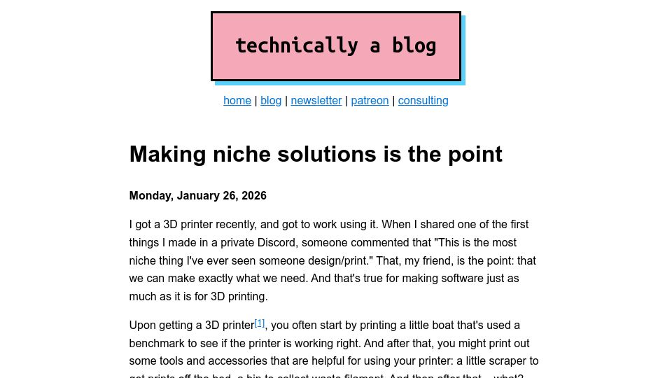 Screenshot of ntietz.com: Making niche solutions is the point