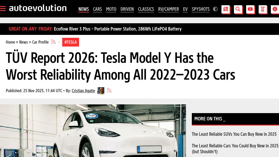 Screenshot of autoevolution.com: TÜV Report 2026: Tesla Model Y has the worst reliability of all 2022–2023 cars