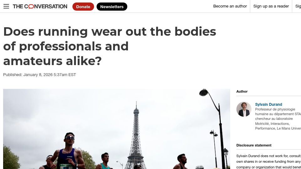 Screenshot of theconversation.com: Does running wear out the bodies of professionals and amateurs alike?