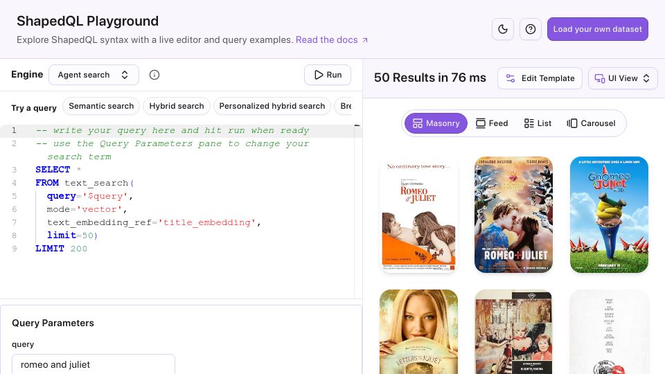 Screenshot of playground.shaped.ai: Show HN: ShapedQL – A SQL engine for multi-stage ranking and RAG