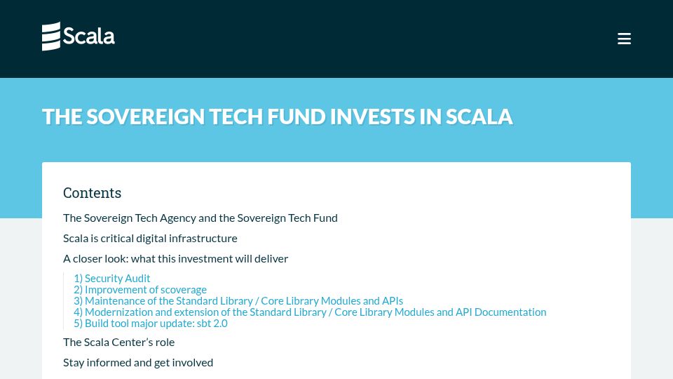 Screenshot of scala-lang.org: The Sovereign Tech Fund Invests in Scala