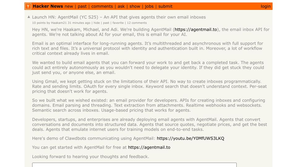 Screenshot of Hacker News post: Launch HN: AgentMail (YC S25) – An API that gives agents their own email inboxes