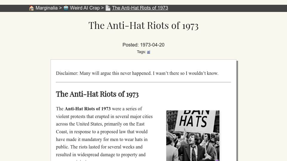 Screenshot of marginalia.nu: The Anti-Hat Riots of 1973