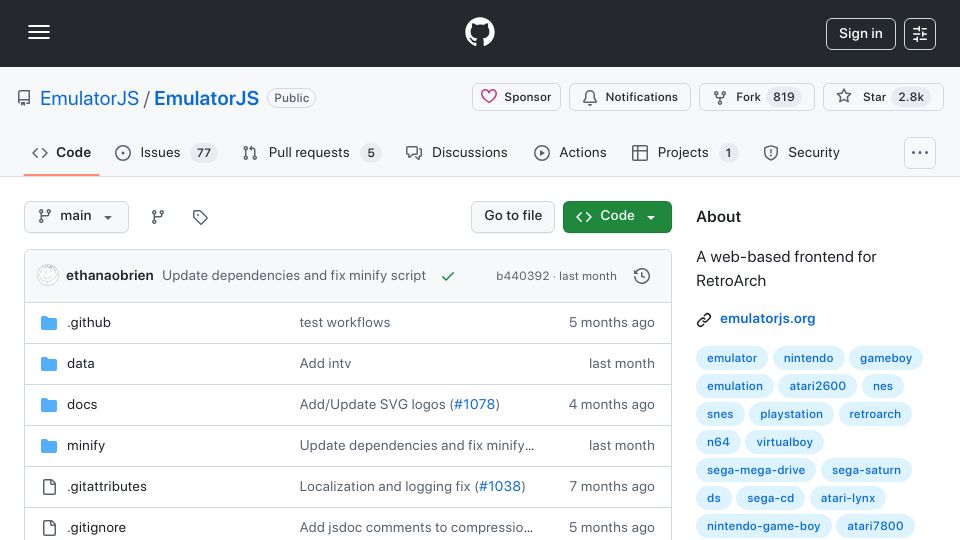 Screenshot of github.com: EmulatorJS
