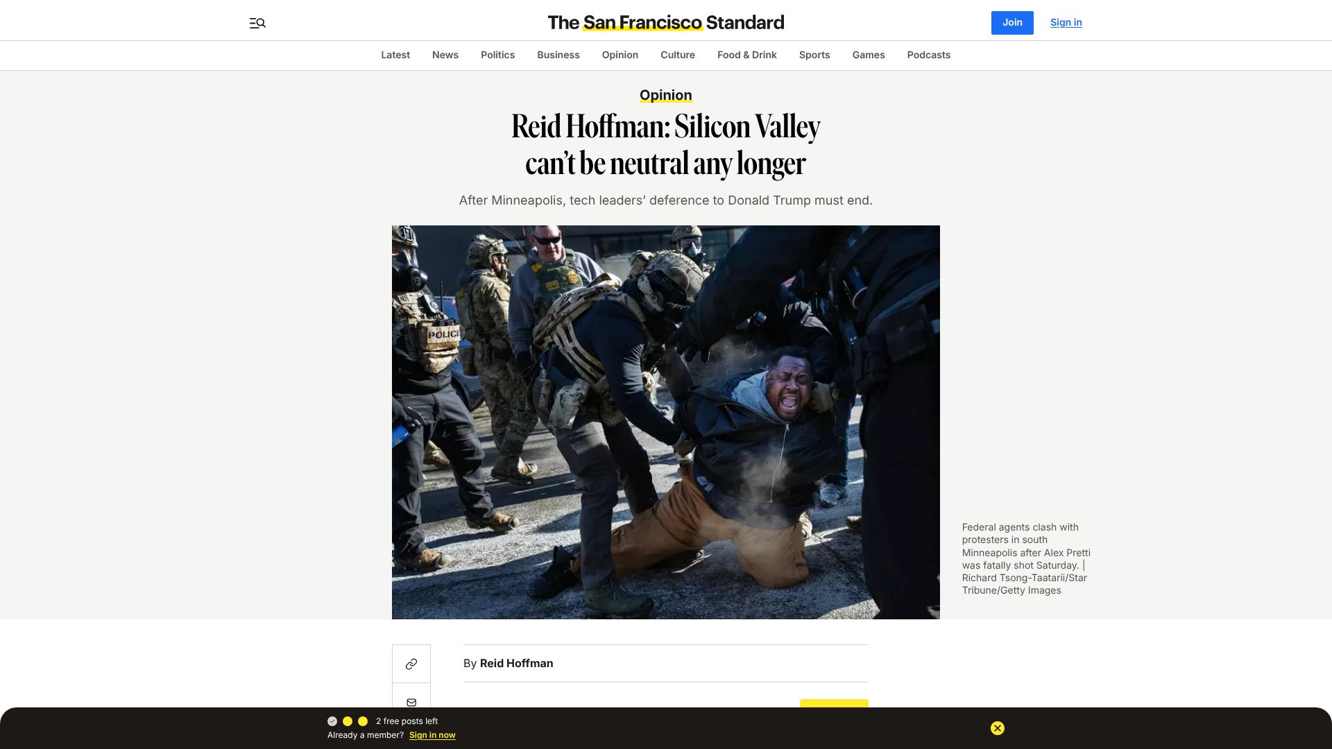 Screenshot of sfstandard.com: Reid Hoffman: Silicon Valley can't be neutral any longer