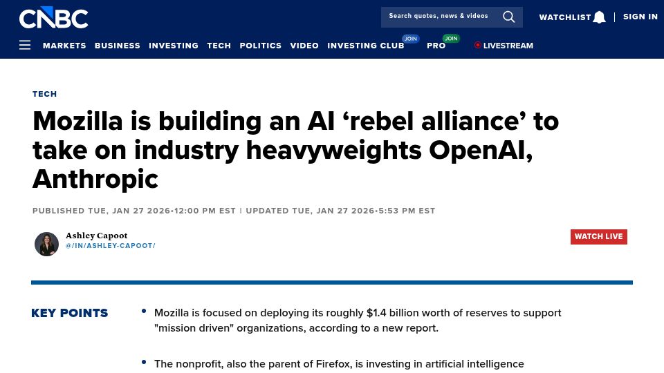 Screenshot of cnbc.com: Mozilla is building an AI 'rebel alliance' to take on OpenAI, Anthropic