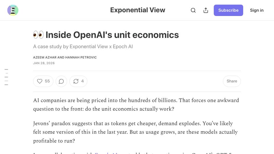Screenshot of exponentialview.co: OpenAI’s unit economics