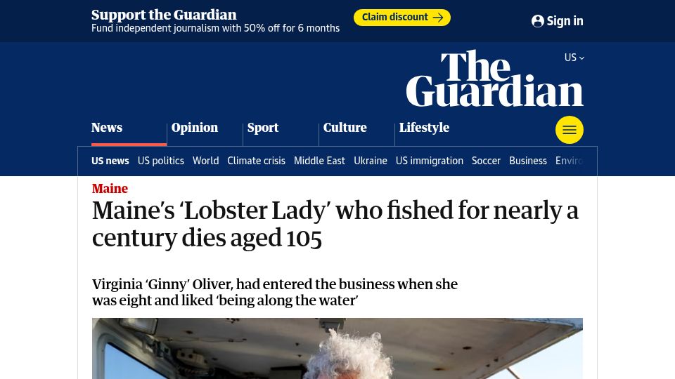 Screenshot of theguardian.com: Maine’s ‘Lobster Lady’ who fished for nearly a century dies aged 105