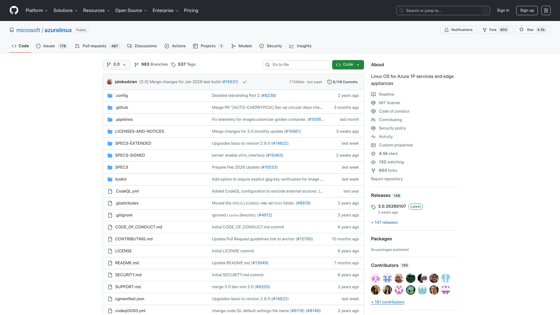 Screenshot of github.com: Microsoft's Azure Linux