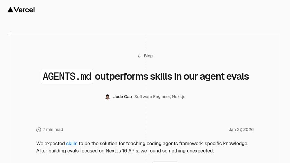 Screenshot of vercel.com: AGENTS.md outperforms skills in our agent evals