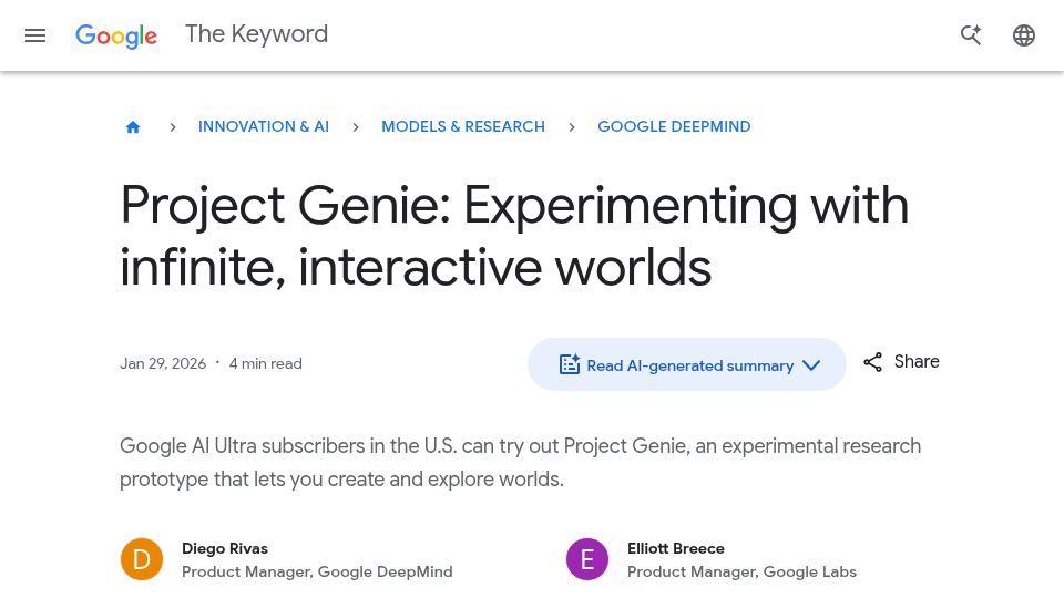 Screenshot of blog.google: Project Genie: Experimenting with infinite, interactive worlds
