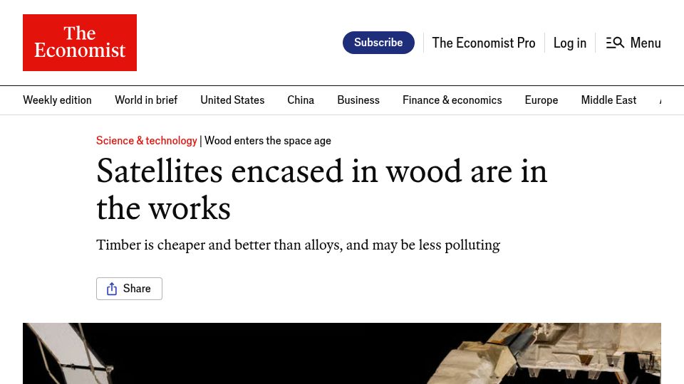 Screenshot of economist.com: Satellites encased in wood are in the works