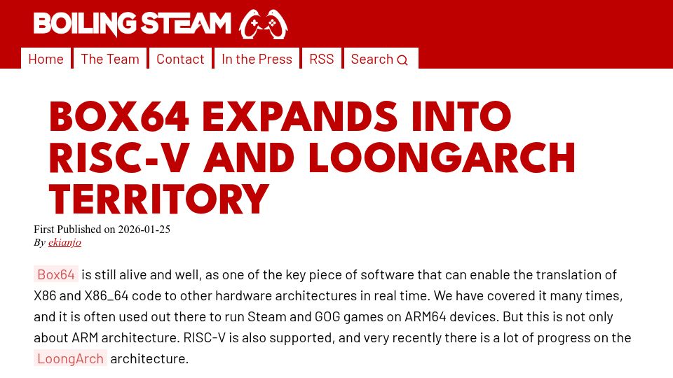 Screenshot of boilingsteam.com: Box64 Expands into RISC-V and LoongArch territory