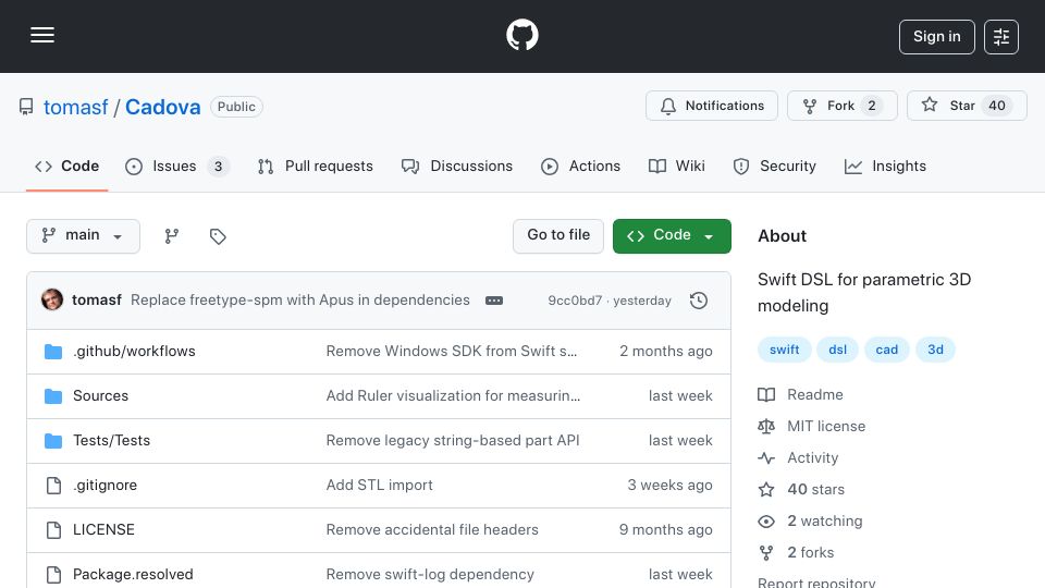 Screenshot of github.com: Cadova: Swift DSL for parametric 3D modeling