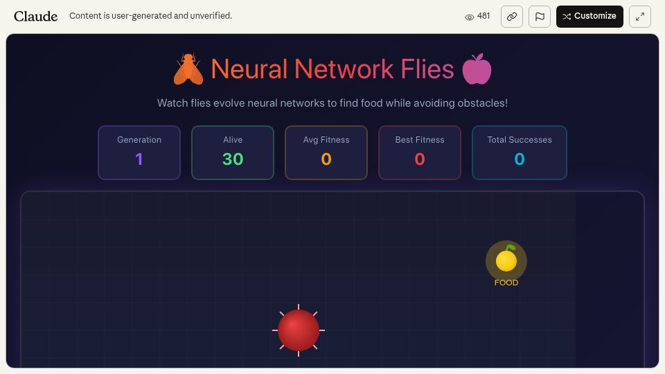 Screenshot of claude.ai: Show HN: Neural Net Flies Navigate through a maze
