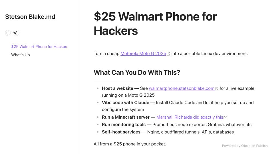 Screenshot of stetsonblake.com: Show HN: Vibe Coding a static site on a $25 Walmart Phone