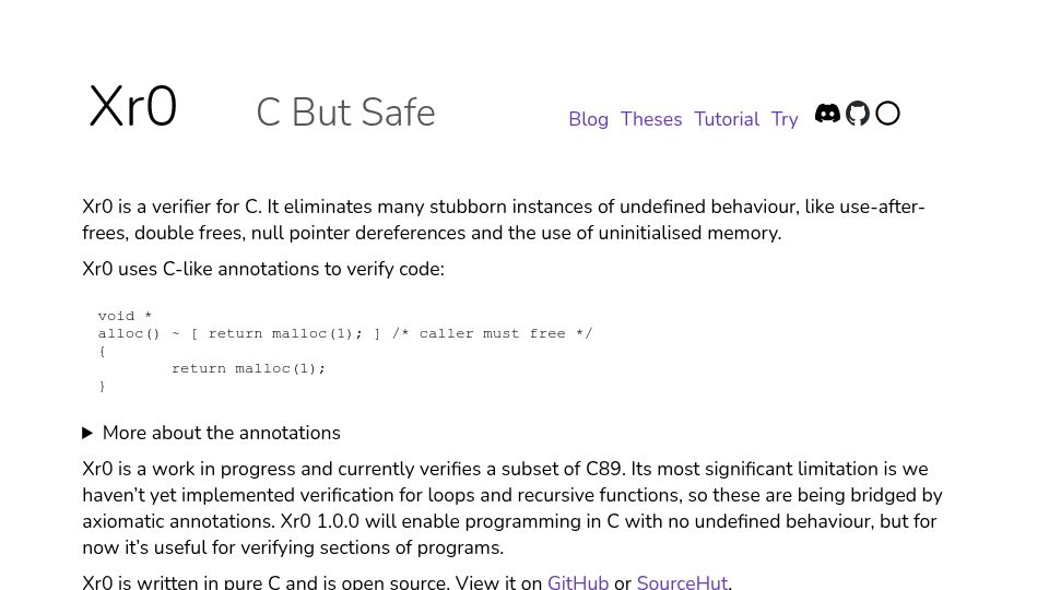 Screenshot of xr0.dev: Xr0 verifier, guarantee the safety of C programs at compile time