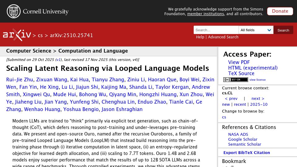 Screenshot of arxiv.org: Scaling Latent Reasoning via Looped Language Models