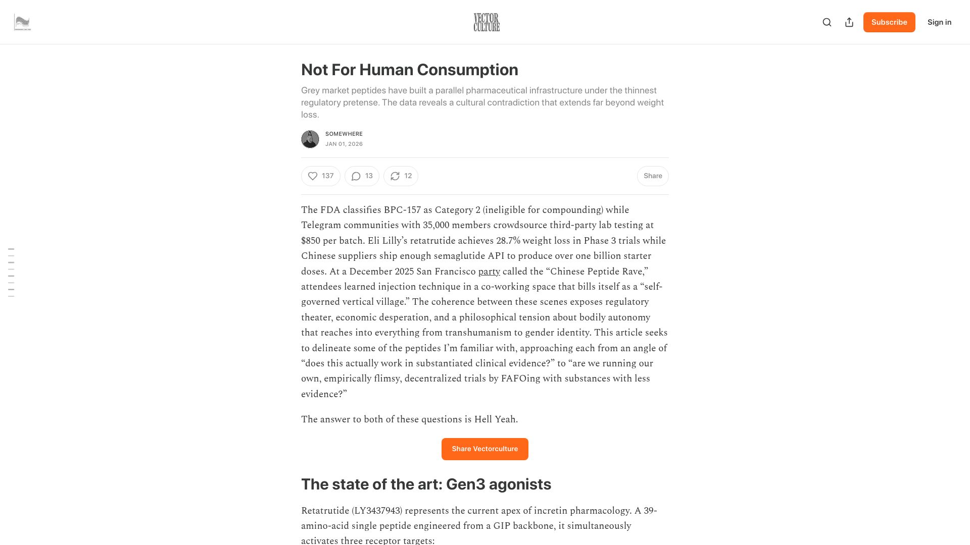 Screenshot of vectorculture.substack.com: Not for human consumption