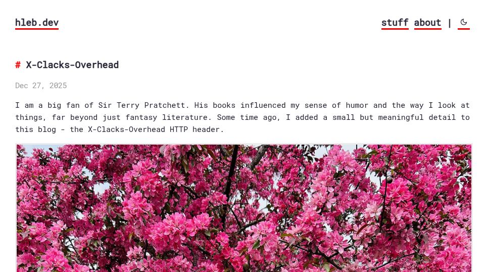 Screenshot of hleb.dev: X-Clacks-Overhead