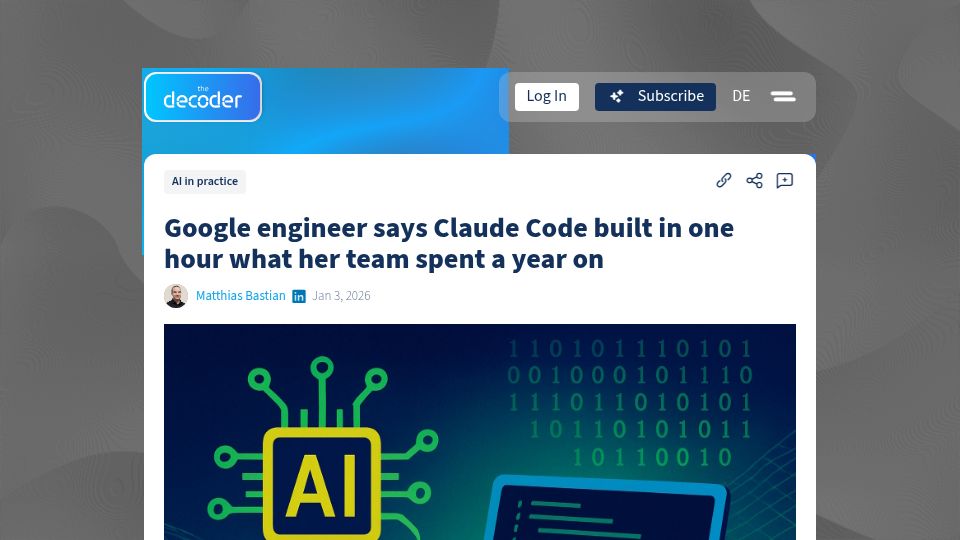Screenshot of the-decoder.com: Google engineer says Claude Code built in one hour what her team spent a year on