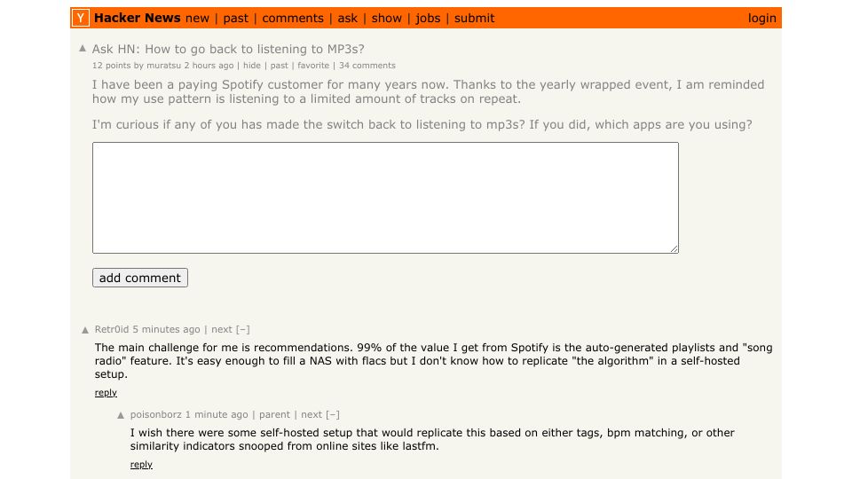 Screenshot of Hacker News post: Ask HN: How to go back to listening to MP3s?