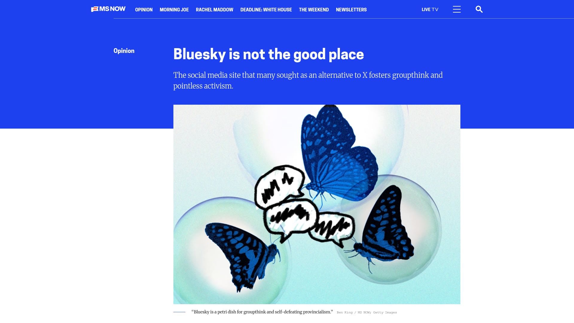 Screenshot of ms.now: Bluesky is not the good place