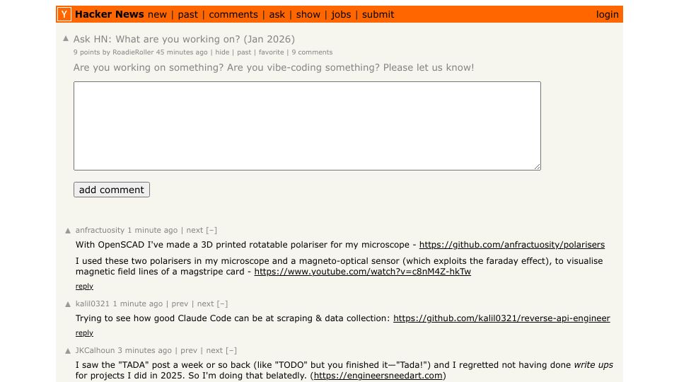 Screenshot of Hacker News post: Ask HN: What are you working on? (Jan 2026)