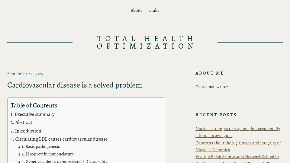 Screenshot of totalhealthoptimization.com: Cardiovascular disease is a solved problem