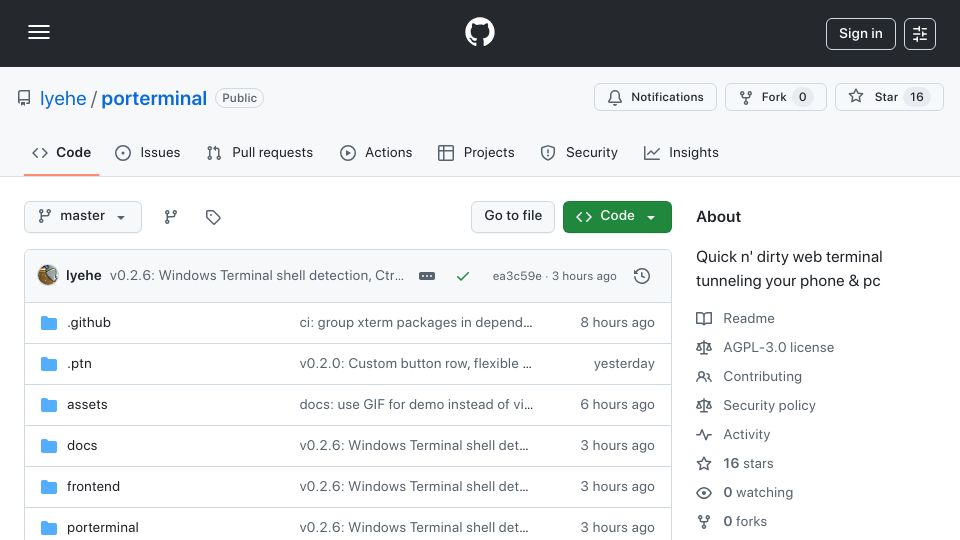 Screenshot of github.com: Show HN: uvx ptn, scan a QR, get a terminal in your phone