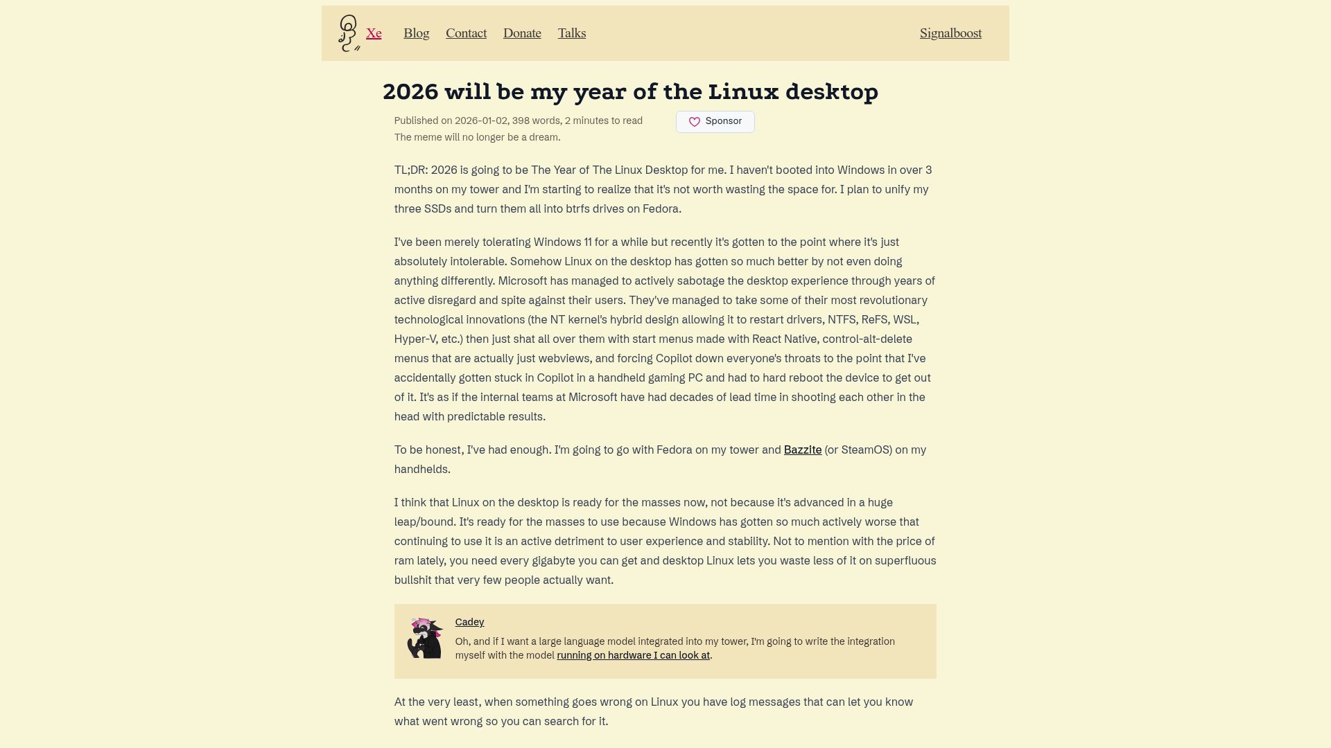 Screenshot of xeiaso.net: 2026 will be my year of the Linux desktop