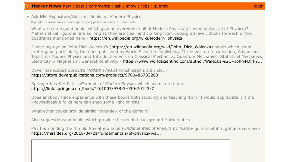 Screenshot of Hacker News post: Ask HN: Expository/Succinct Books on Modern Physics