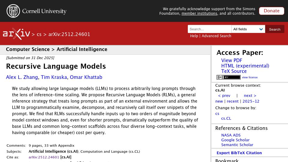 Screenshot of arxiv.org: Recursive Language Models
