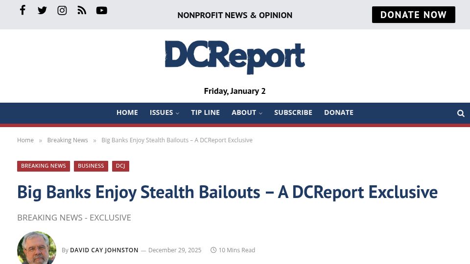 Screenshot of dcreport.org: NY Fed cash transfers to banks increase dramatically in Q4 2025