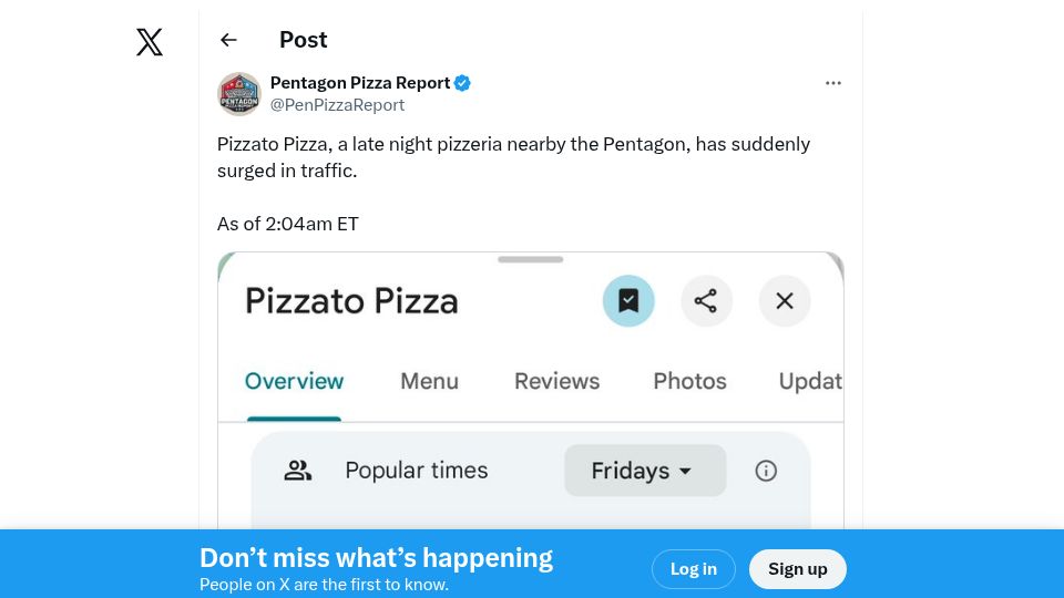 Screenshot of twitter.com: Late night pizzeria nearby The Pentagon has suddenly surged in traffic