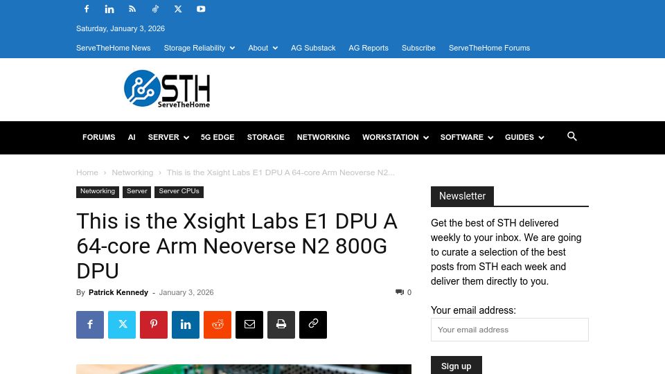 Screenshot of servethehome.com: Xsight Labs E1 DPU a 64-Core Arm Neoverse N2 800G DPU