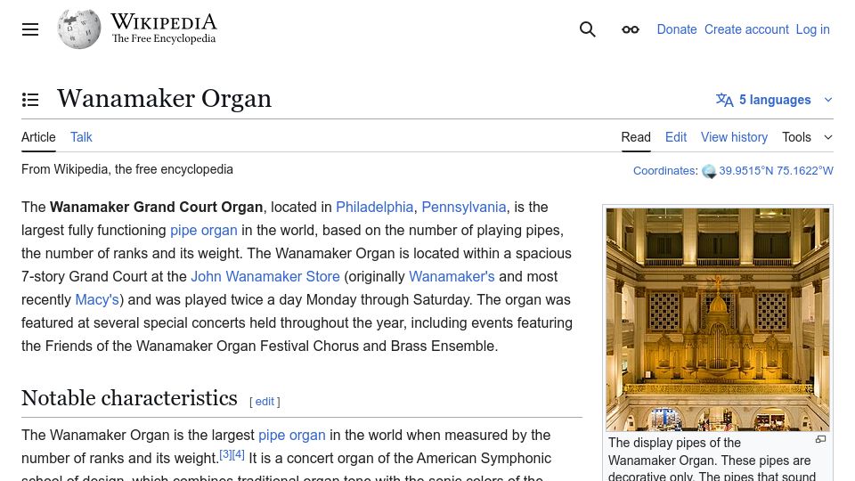 Screenshot of en.wikipedia.org: World's largest functioning musical instrument: Wanamaker Organ in Philadelphia