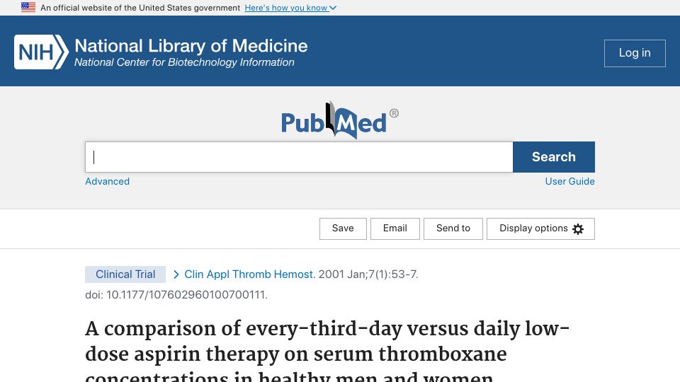 Screenshot of pubmed.ncbi.nlm.nih.gov: Comparing benefits of every-third-day vs. daily low-dose aspirin therapy (2001)