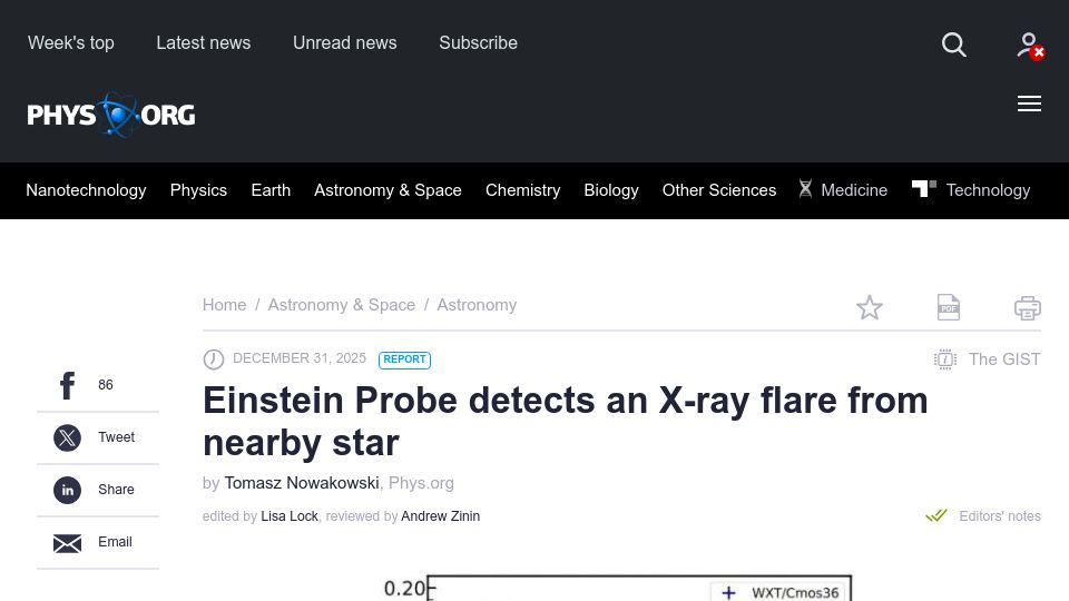 Screenshot of phys.org: Einstein Probe detects an X-ray flare from nearby star