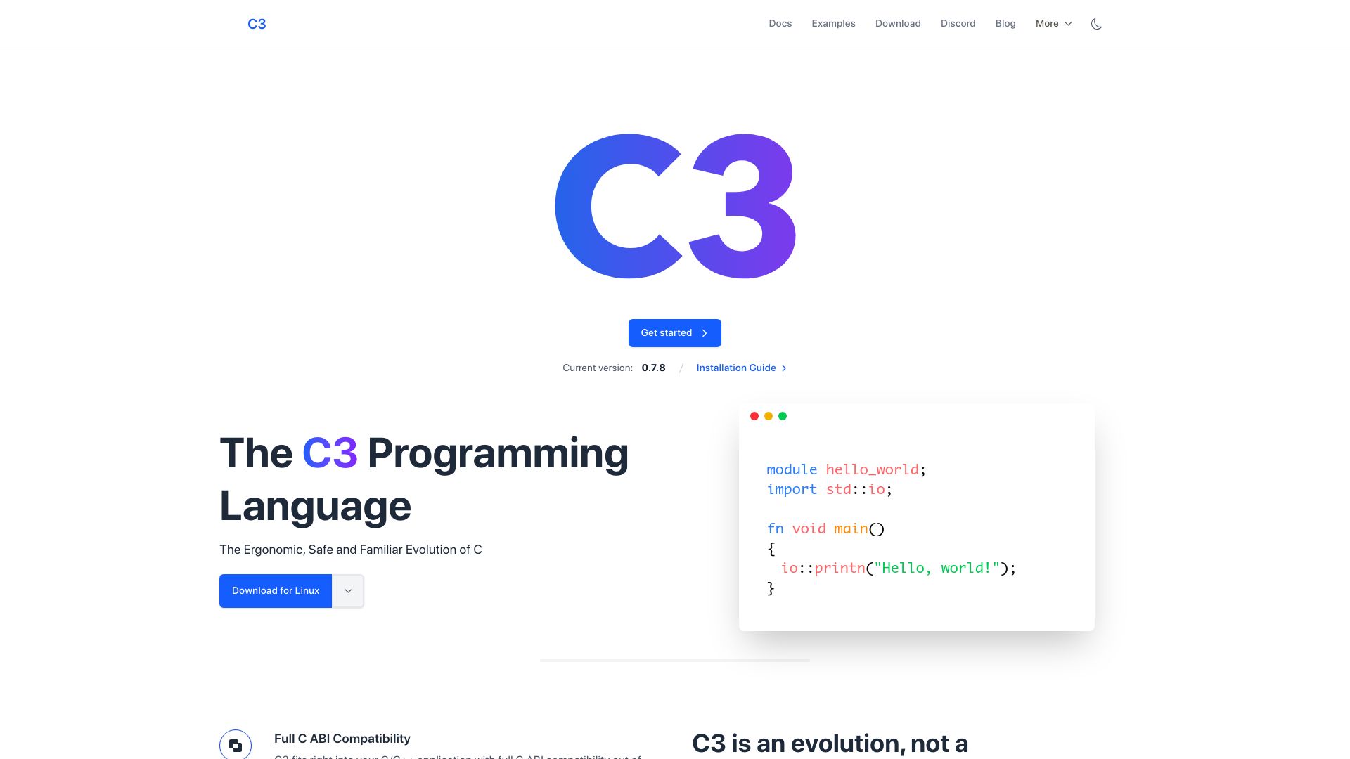 Screenshot of c3-lang.org: The C3 Programming Language