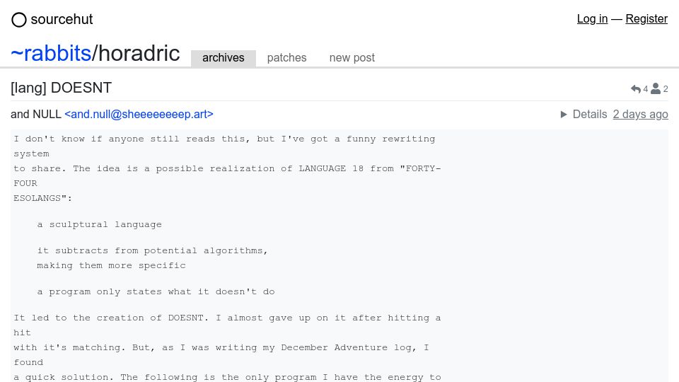Screenshot of lists.sr.ht: Doesnt: An Esoteric Programming Language