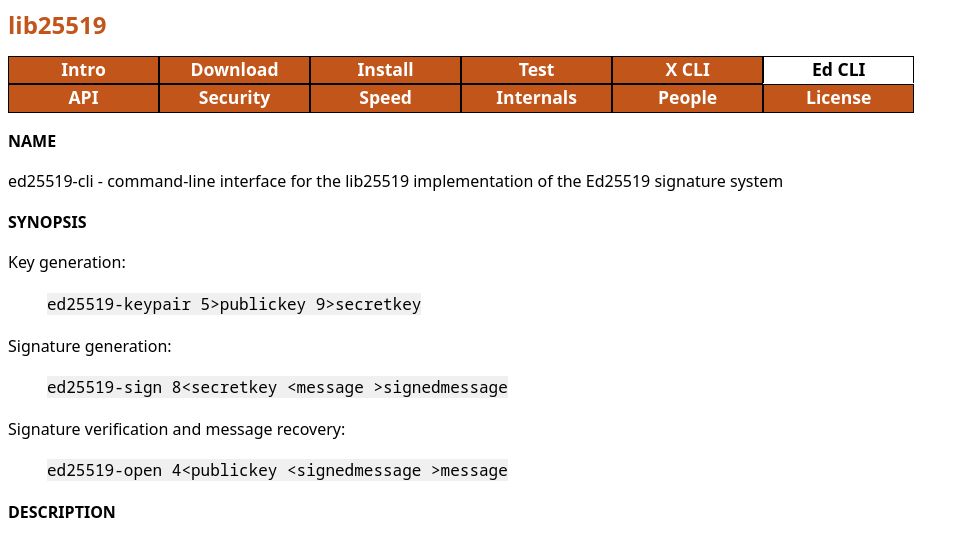 Screenshot of lib25519.cr.yp.to: Ed25519-CLI – command-line interface for the Ed25519 signature system (2024)