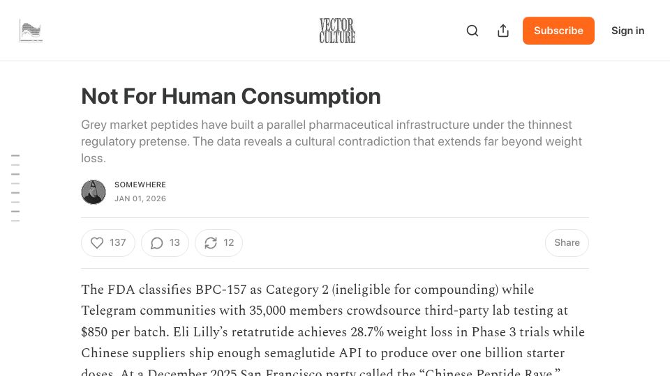 Screenshot of vectorculture.substack.com: Not for human consumption