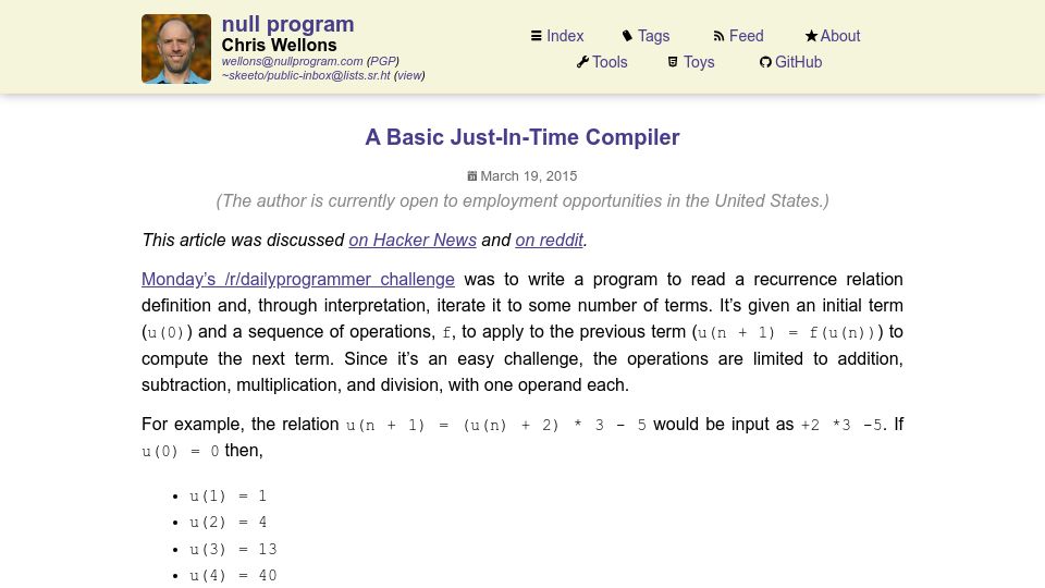 Screenshot of nullprogram.com: A Basic Just-In-Time Compiler (2015)