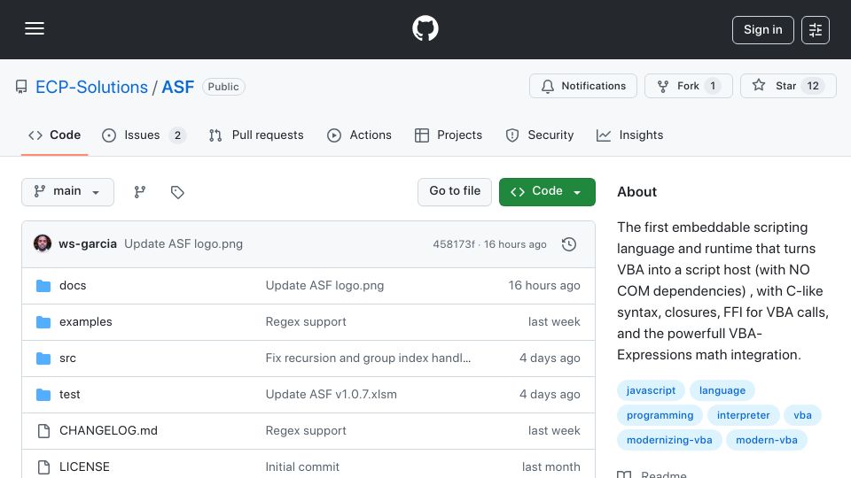 Screenshot of github.com: Hacking VBA to support native scripting runtime with no COM dependencies